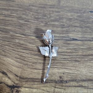 Vintage Silver Toned Rose Flower Brooch